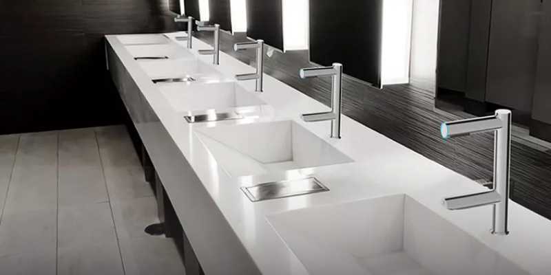 Tapillo Tap style Hand Dryers on row of 5 sinks